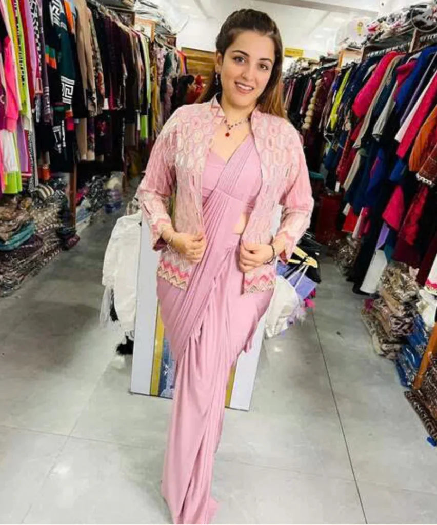 Pink Pre-Stitched one Minute Saree with Blouse & Jacket