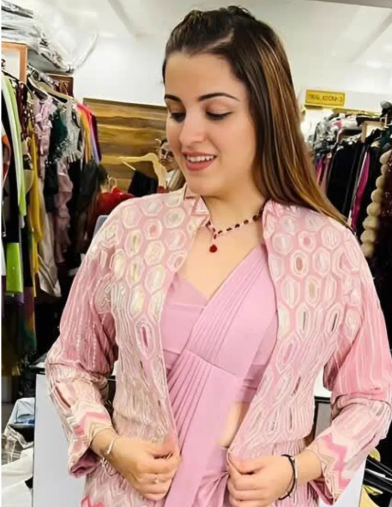 Pink Pre-Stitched one Minute Saree with Blouse & Jacket