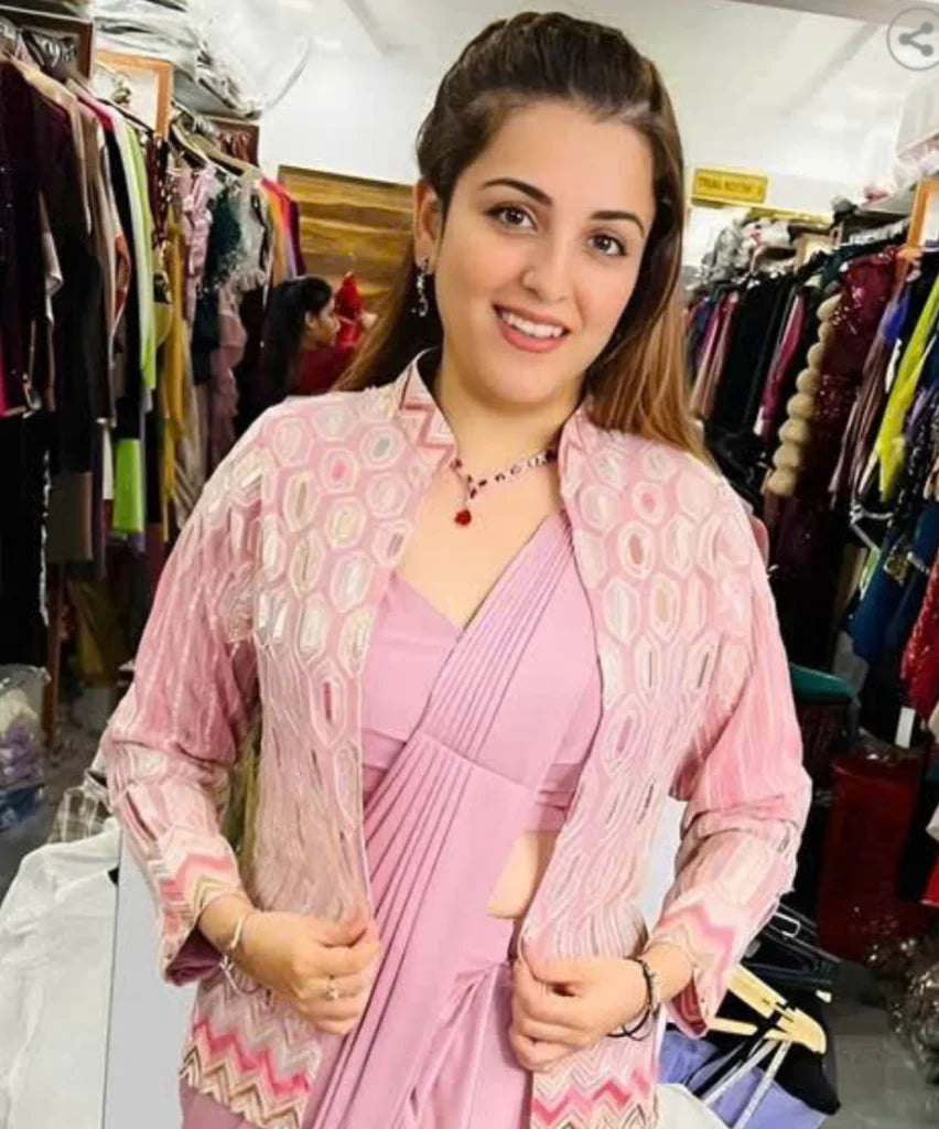Pink Pre-Stitched one Minute Saree with Blouse & Jacket