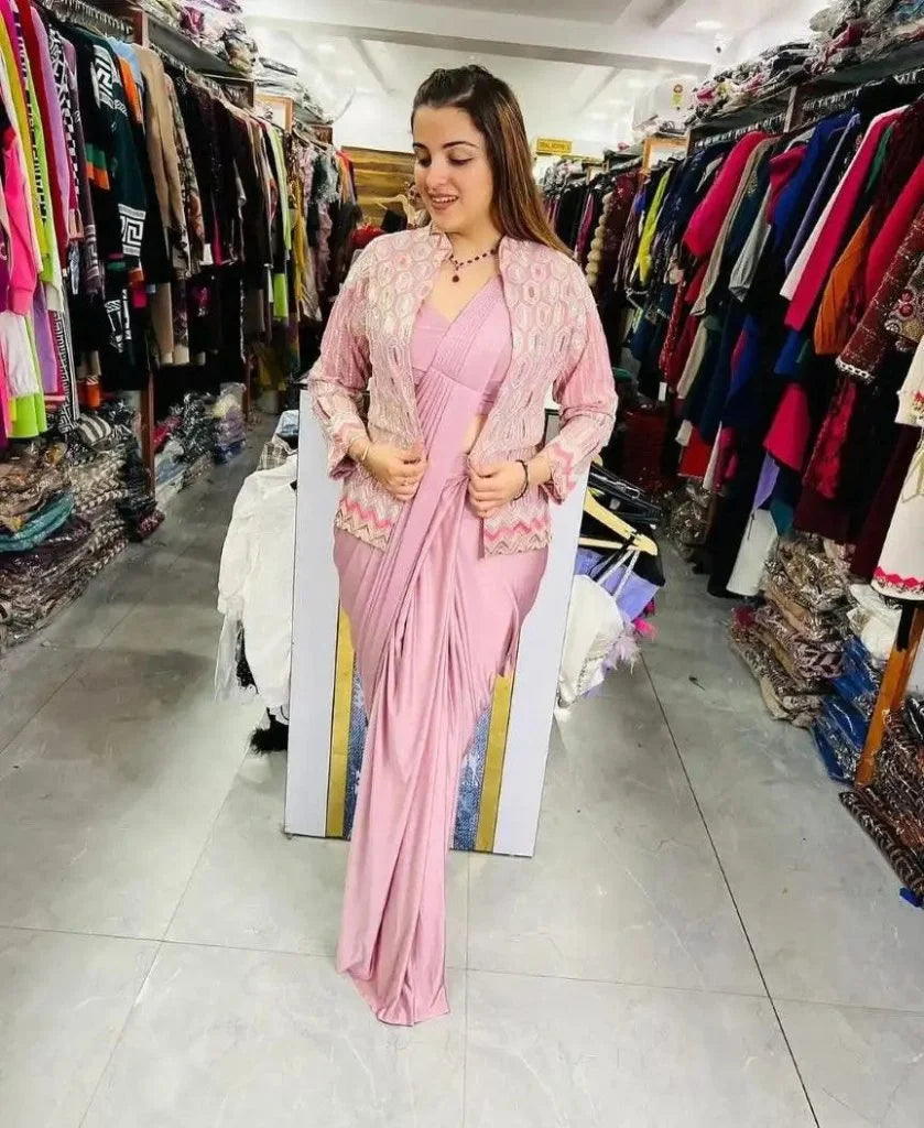 Pink Pre-Stitched one Minute Saree with Blouse & Jacket