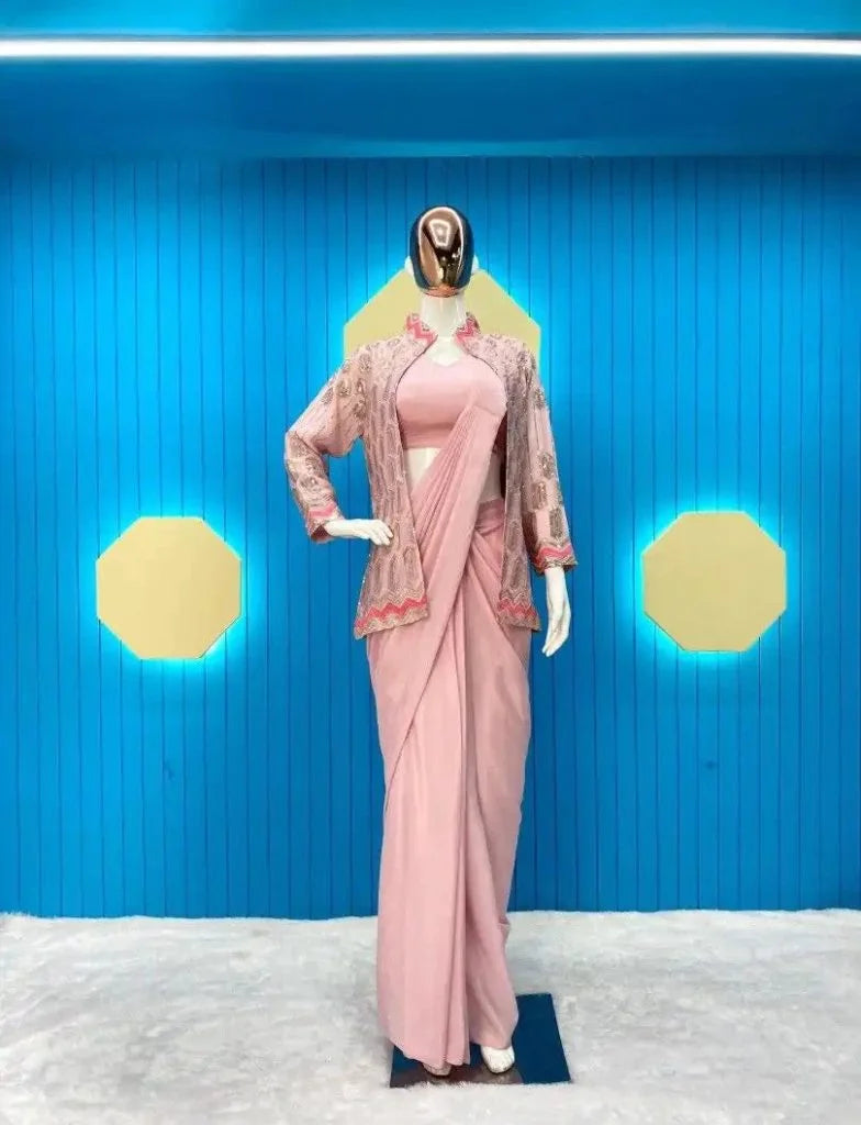 Pink Pre-Stitched one Minute Saree with Blouse & Jacket