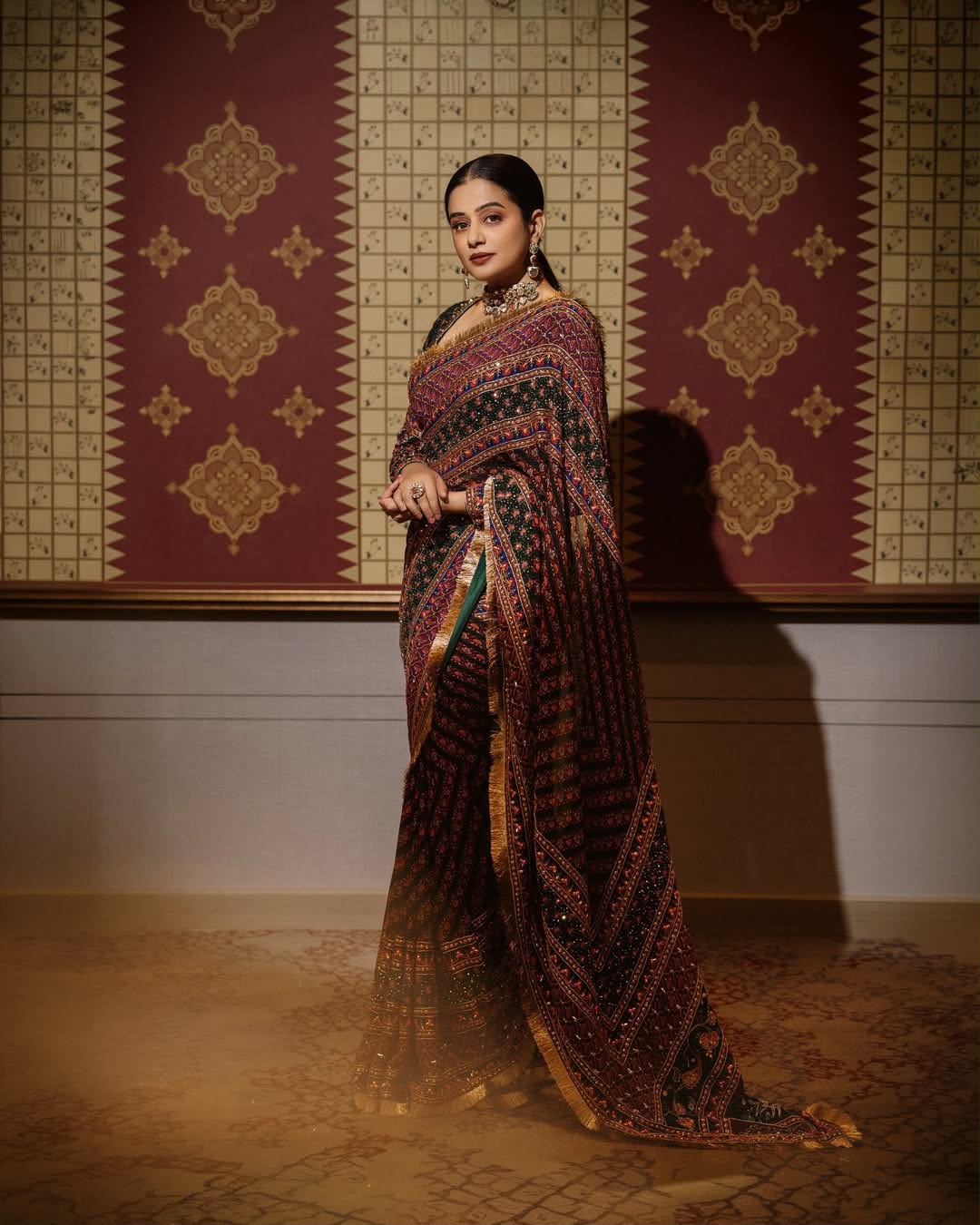 Priyamani Chinon Silk Mirror Work Saree