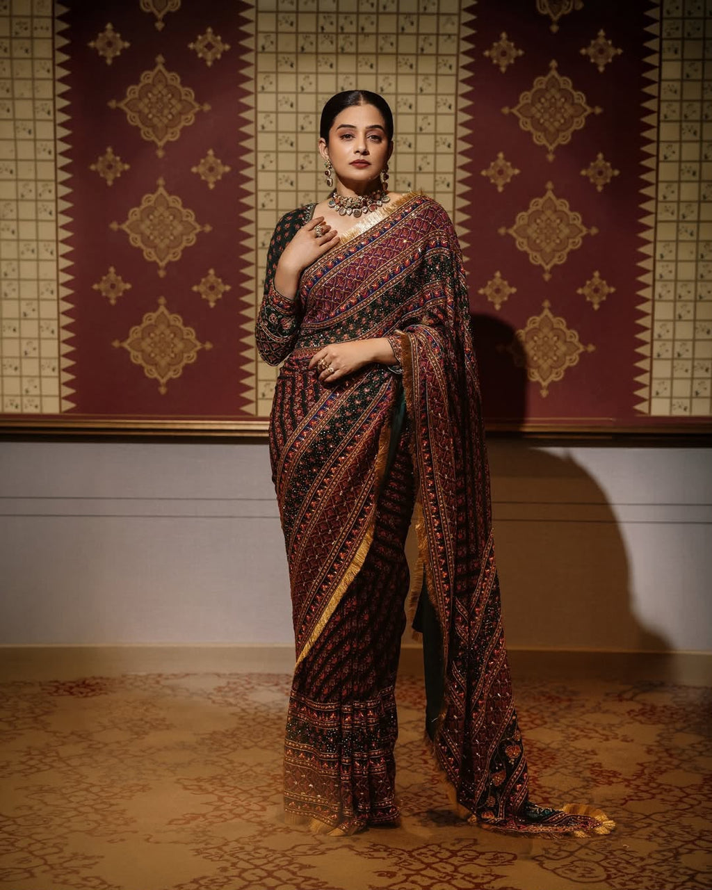 Priyamani Chinon Silk Mirror Work Saree