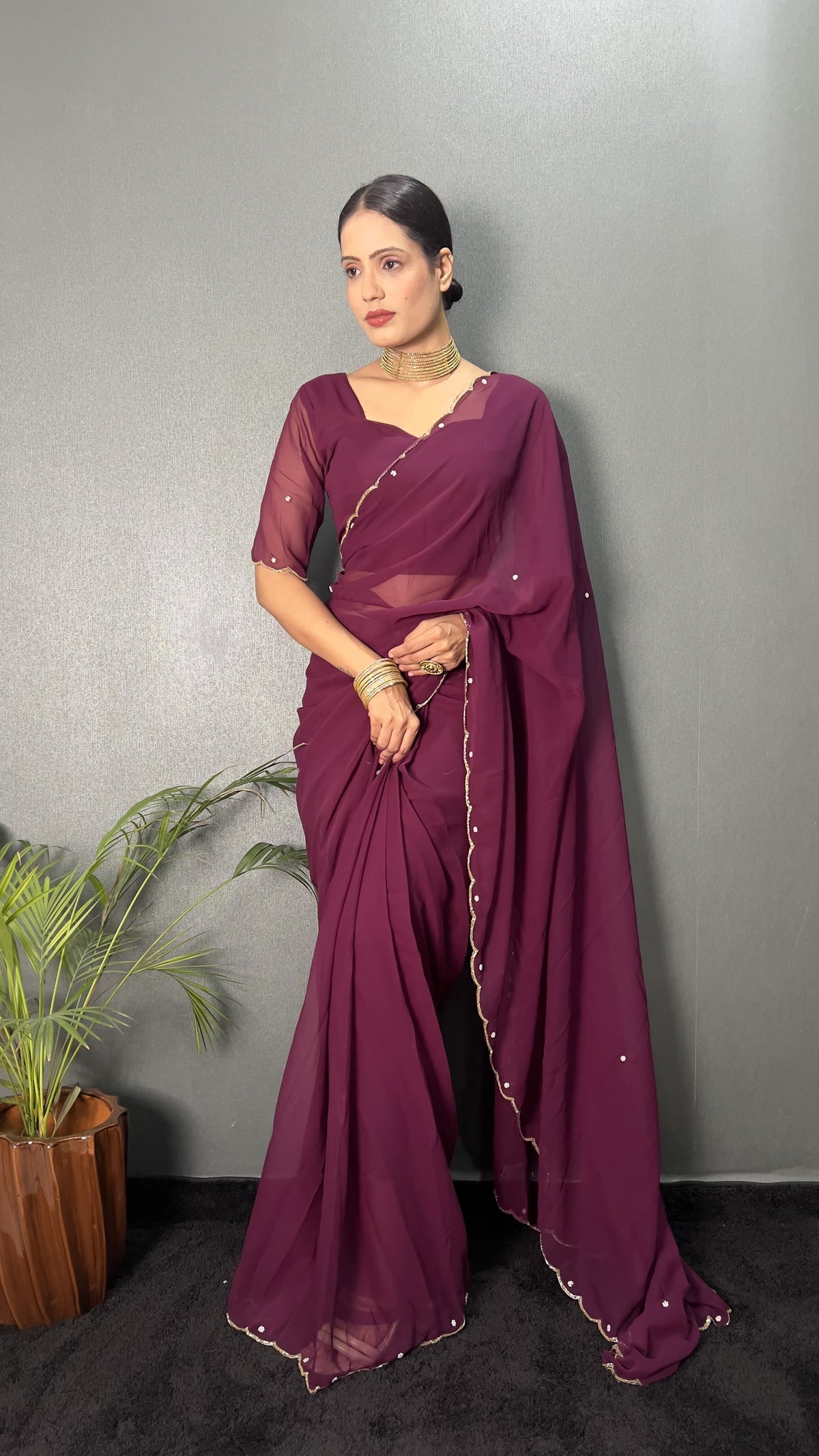 Hand Pearl Faux Georgette Saree