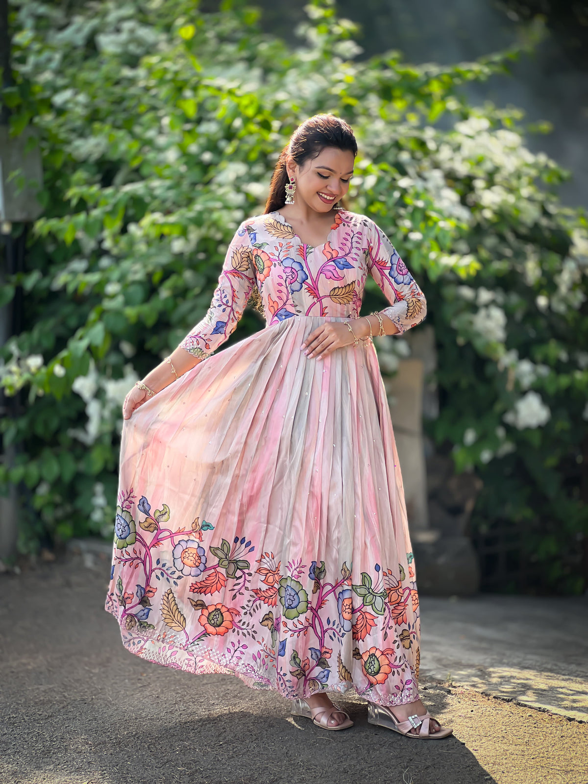 Pink Tussar Silk Kalamkari Gown