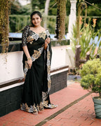 Black Satin Chiffon Embroidery Saree