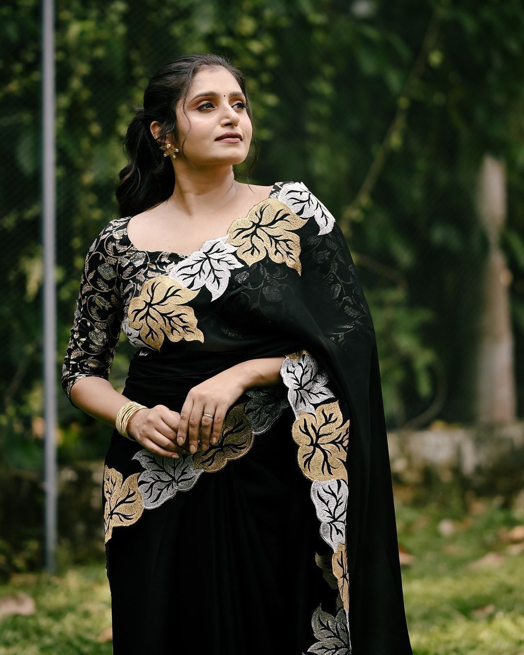 Black Satin Chiffon Embroidery Saree