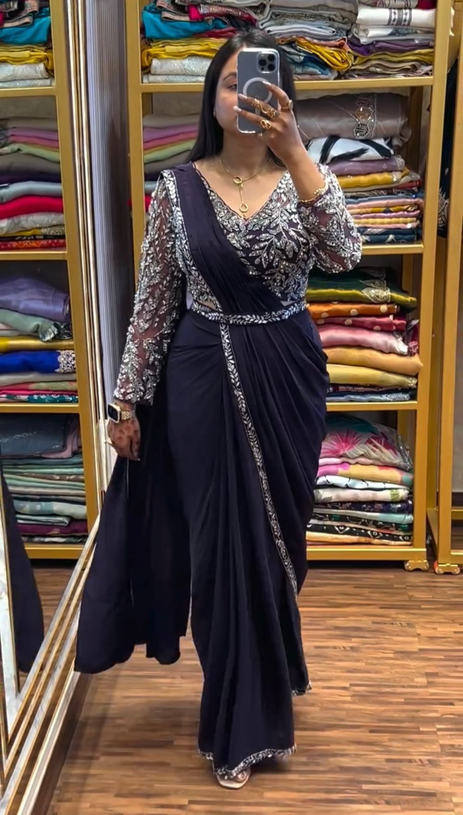 Navy Blue Festive Wear Embroidery Saree