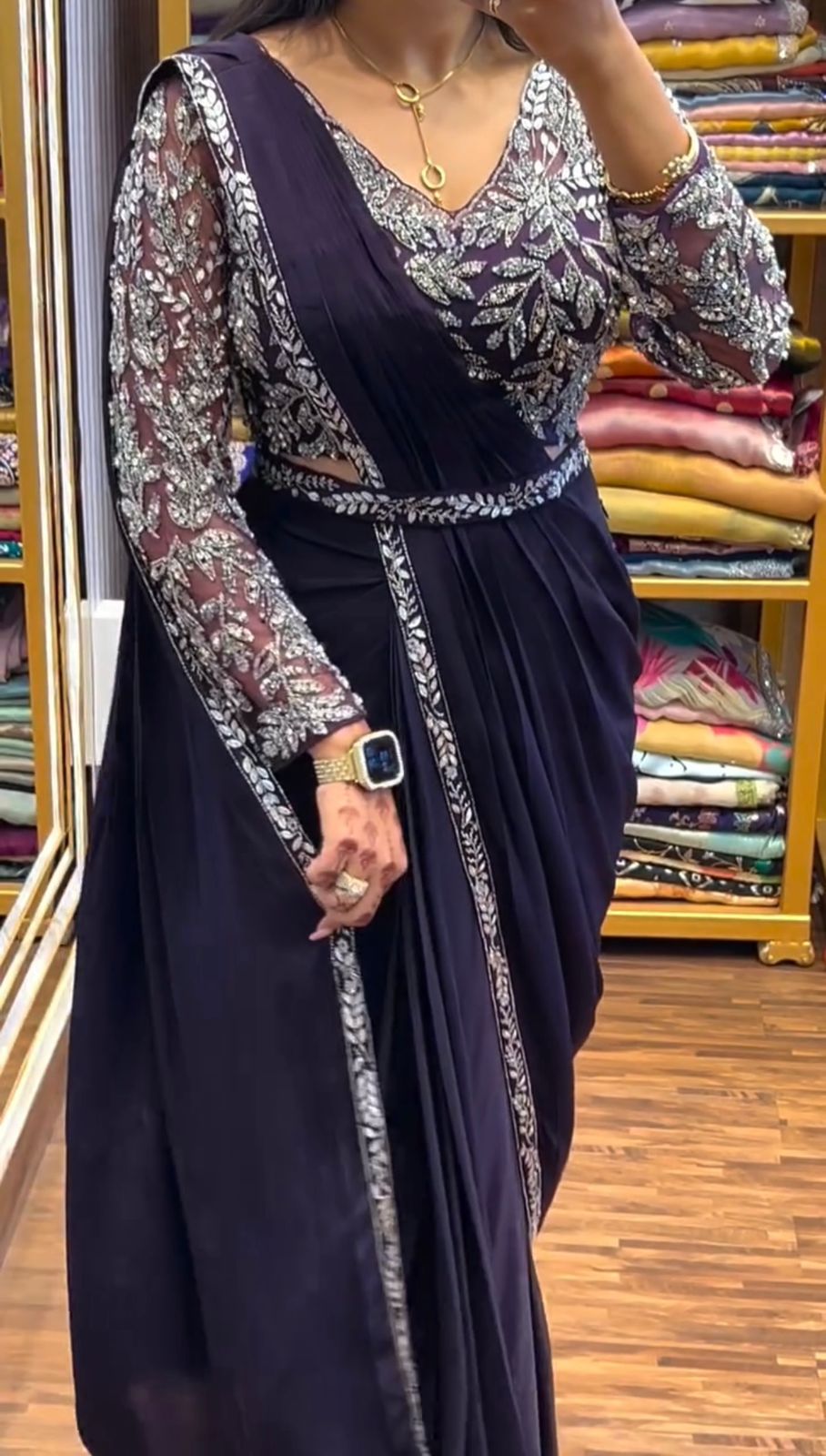 Navy Blue Festive Wear Embroidery Saree