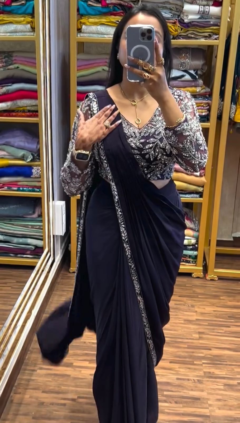 Navy Blue Festive Wear Embroidery Saree