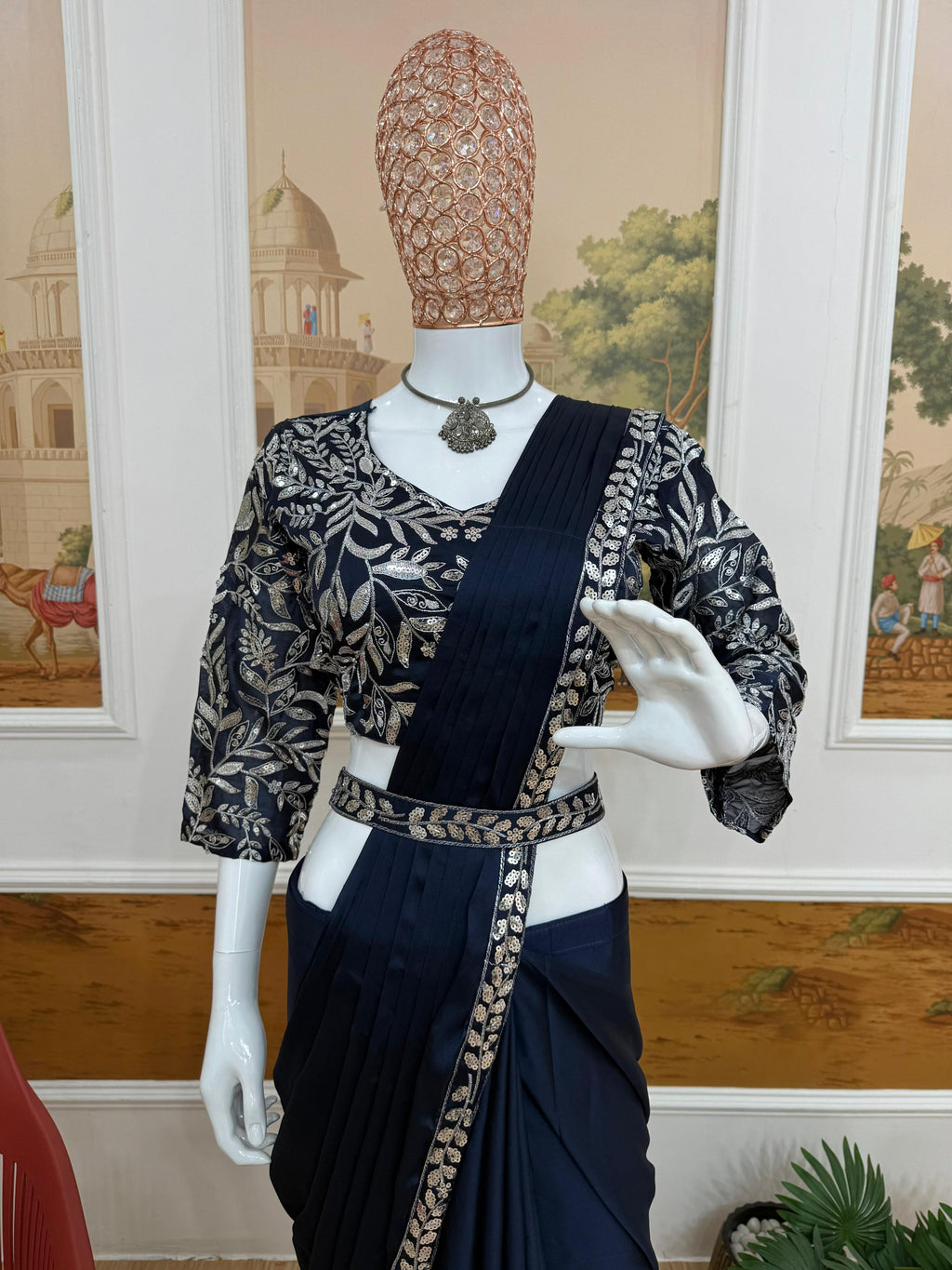 Navy Blue Festive Wear Embroidery Saree
