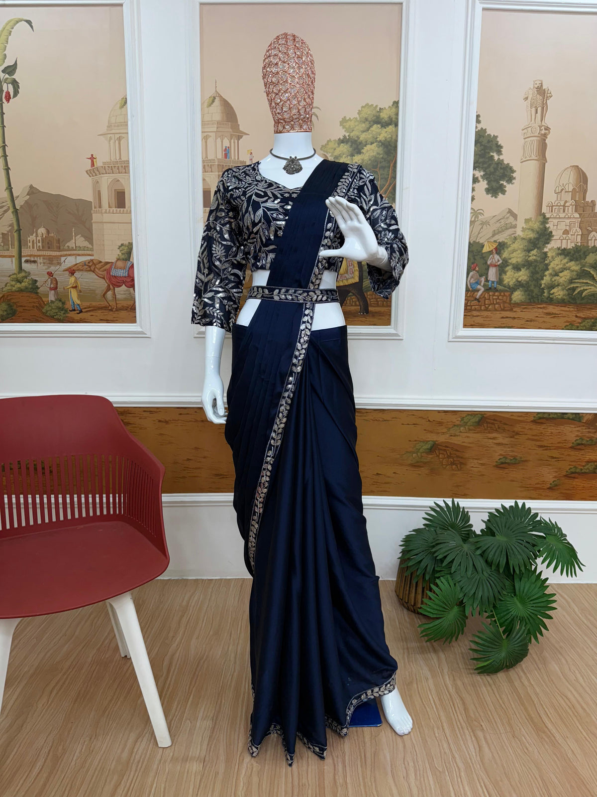 Navy Blue Festive Wear Embroidery Saree