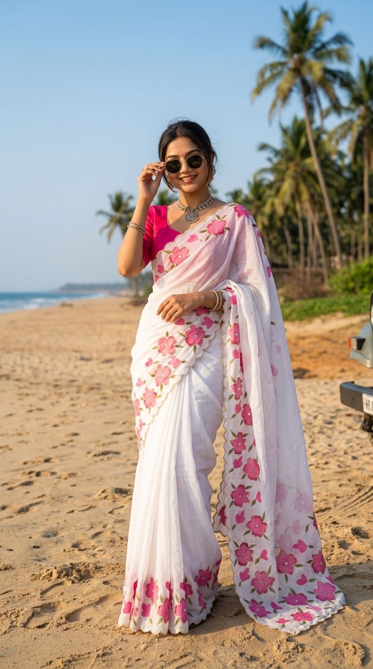 Flower Print Soft Tabby Cutdana Saree
