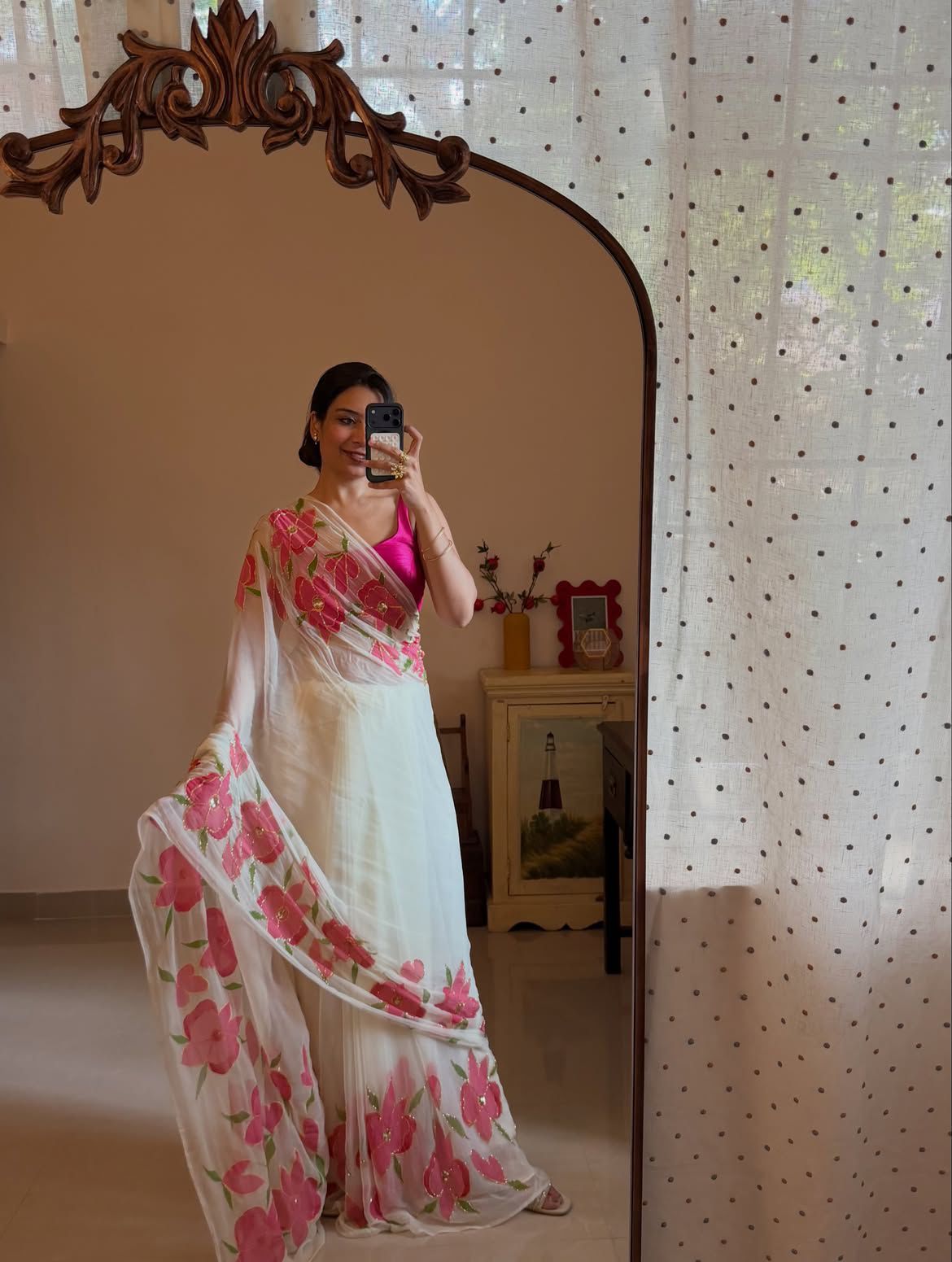 Flower Print Soft Tabby Cutdana Saree