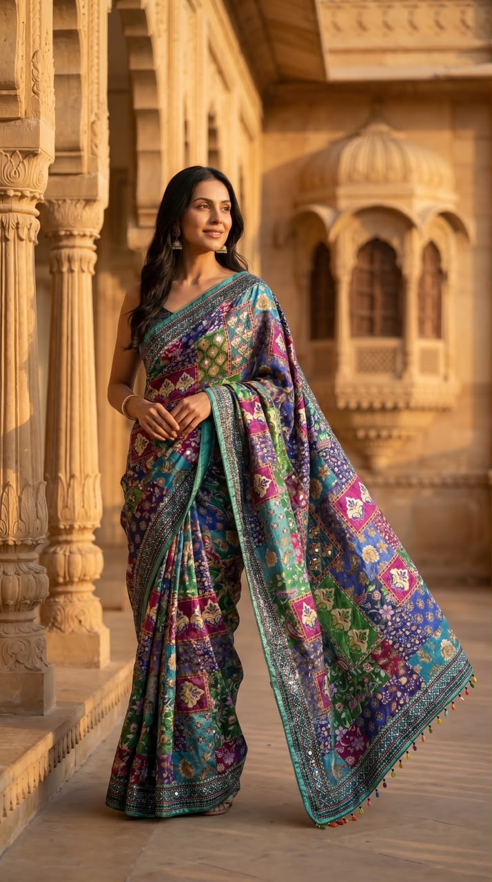 Position Print Modal Silk Mirror Work Saree