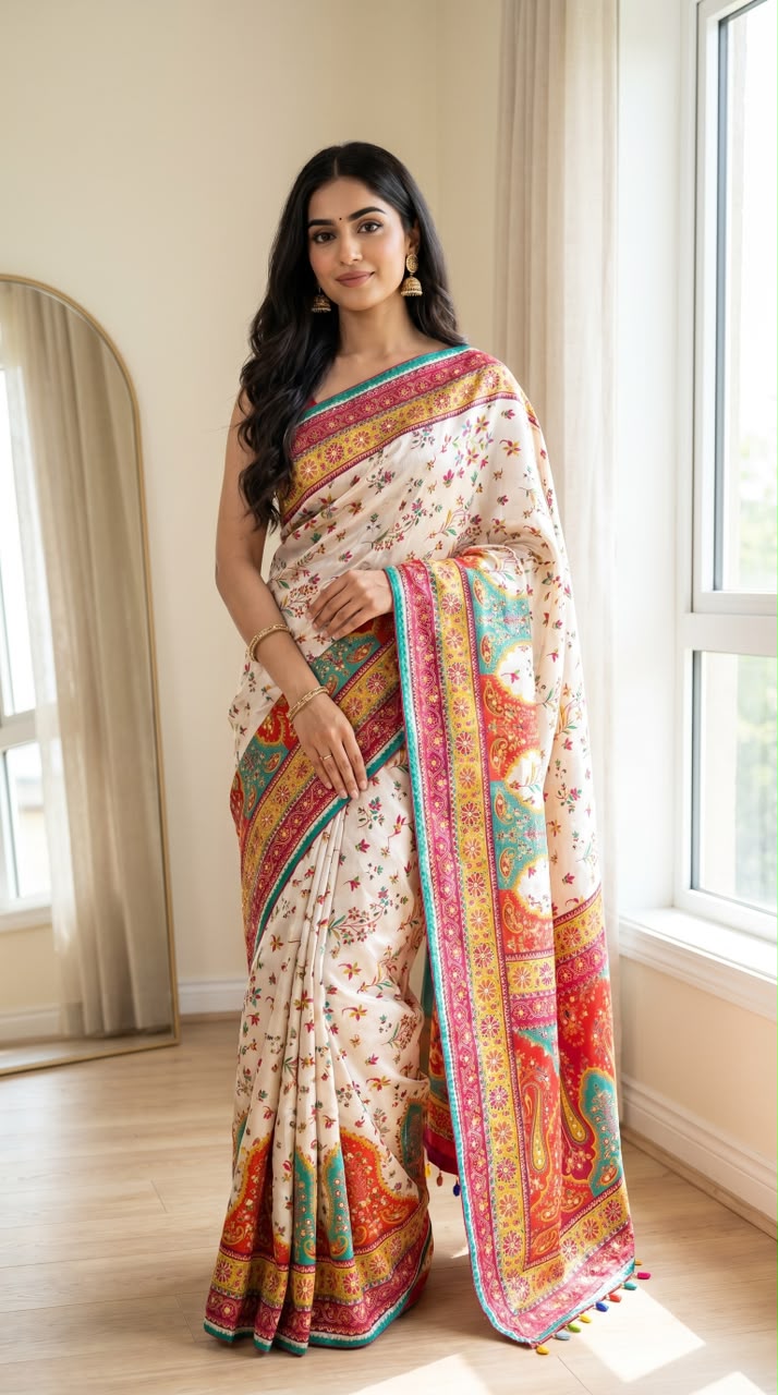 Position Print Modal Silk Mirror Work Saree