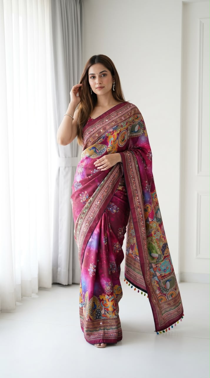 Position Print Modal Silk Mirror Work Saree