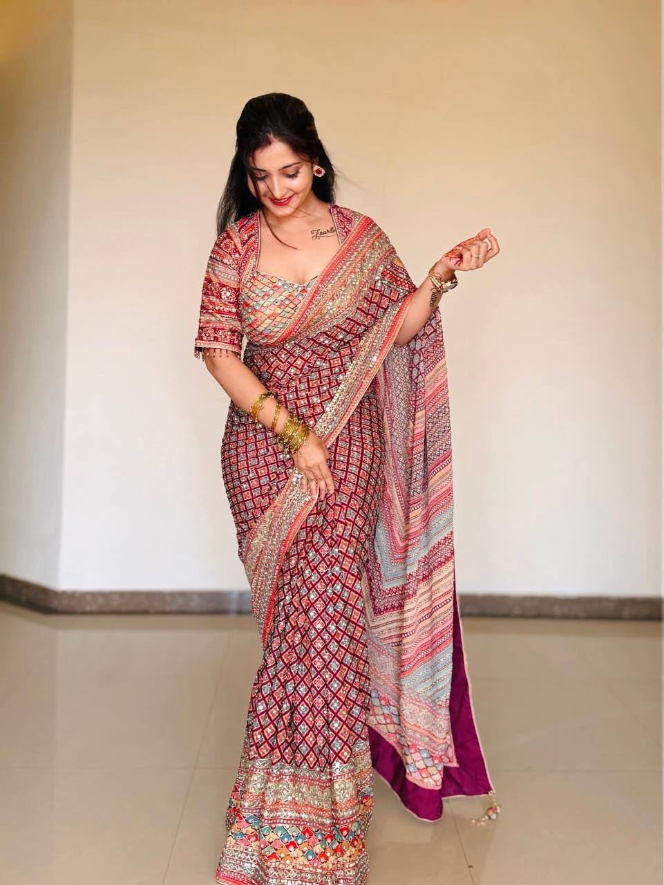 Position Print Modal Silk Mirror Work Saree