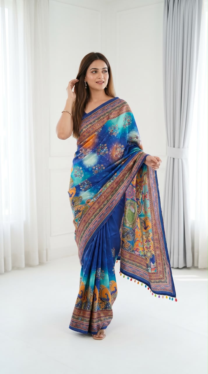 Position Print Modal Silk Mirror Work Saree