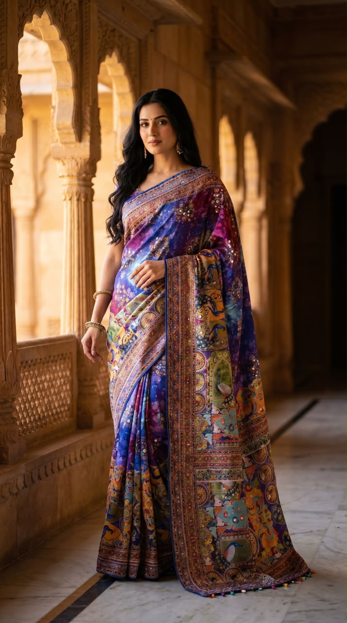 Position Print Modal Silk Mirror Work Saree