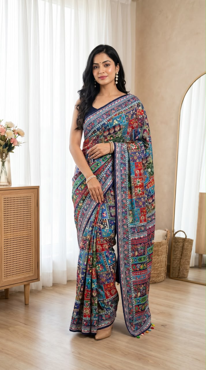 Position Print Modal Silk Mirror Work Saree