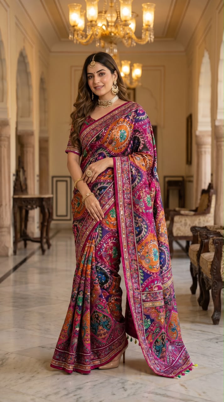 Position Print Modal Silk Mirror Work Saree
