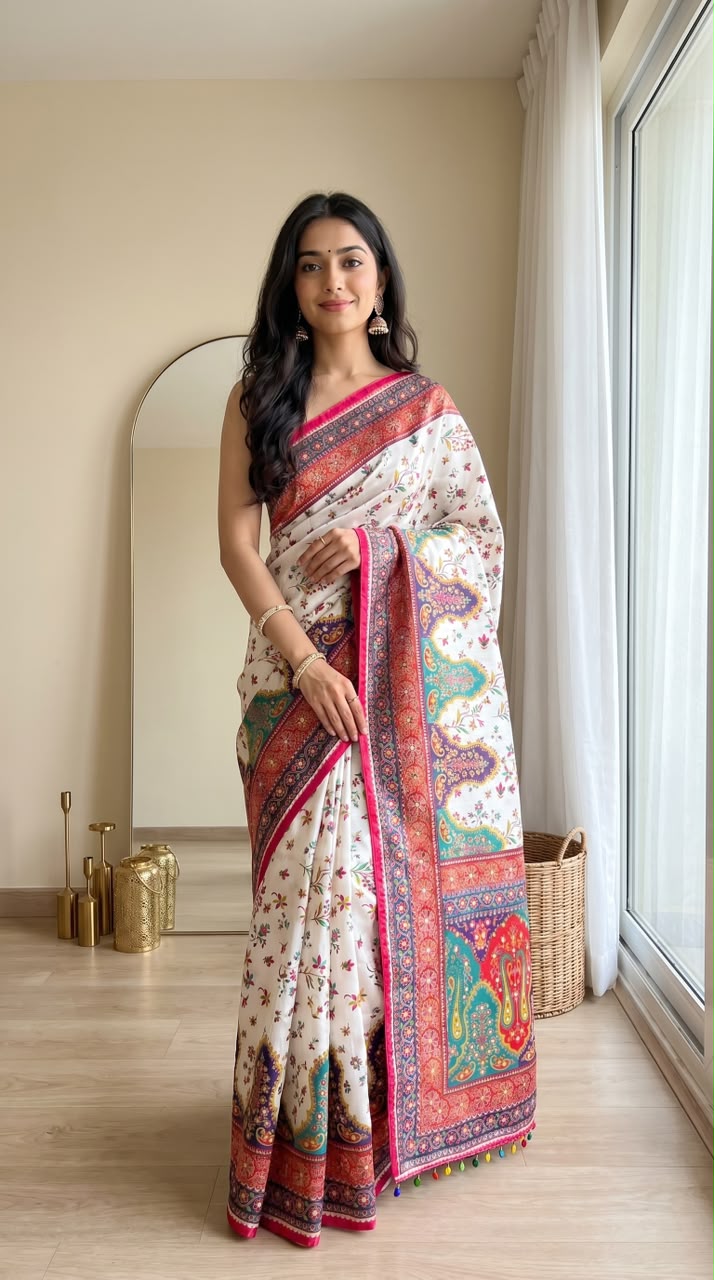 Position Print Modal Silk Mirror Work Saree