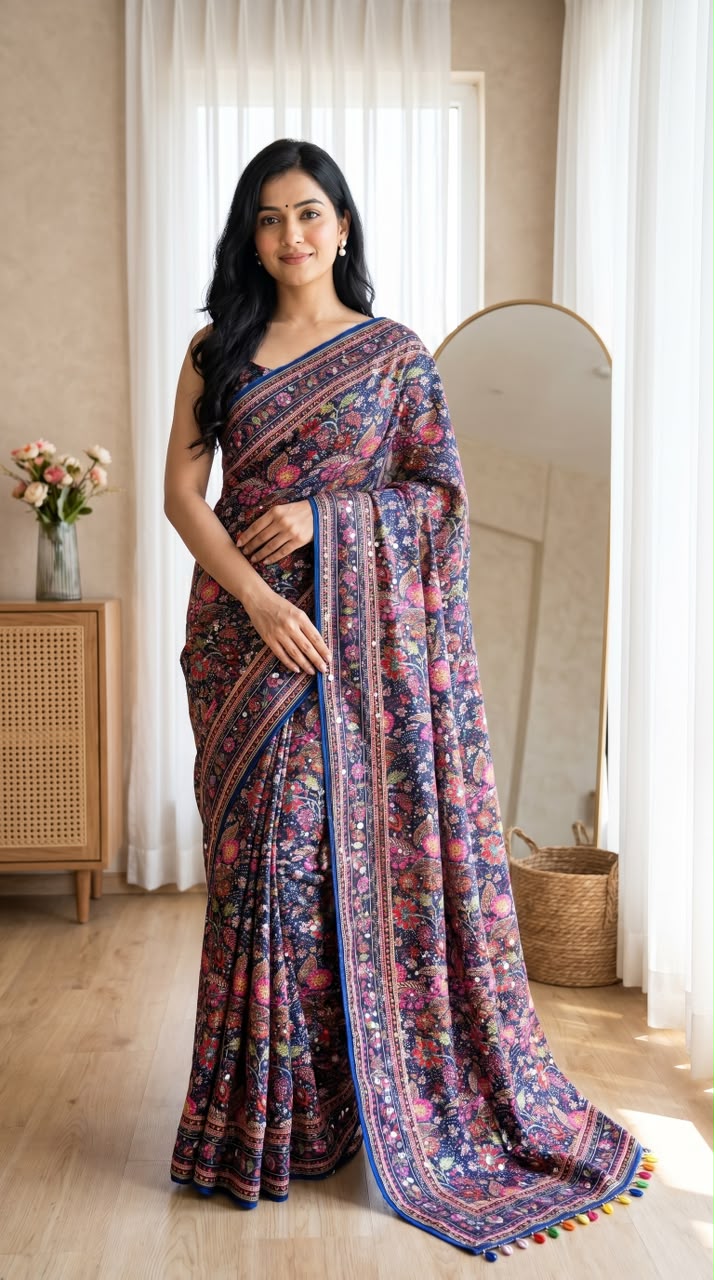 Position Print Modal Silk Mirror Work Saree