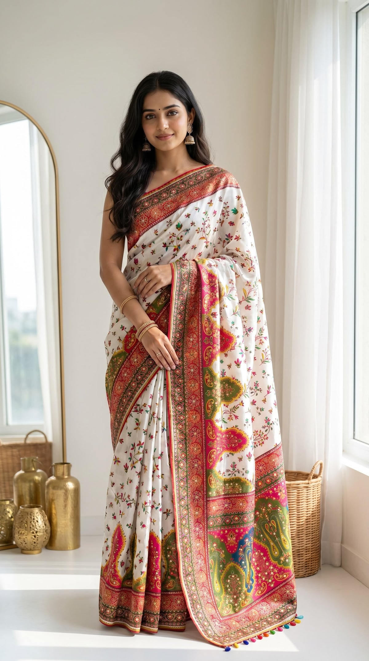 Position Print Modal Silk Mirror Work Saree