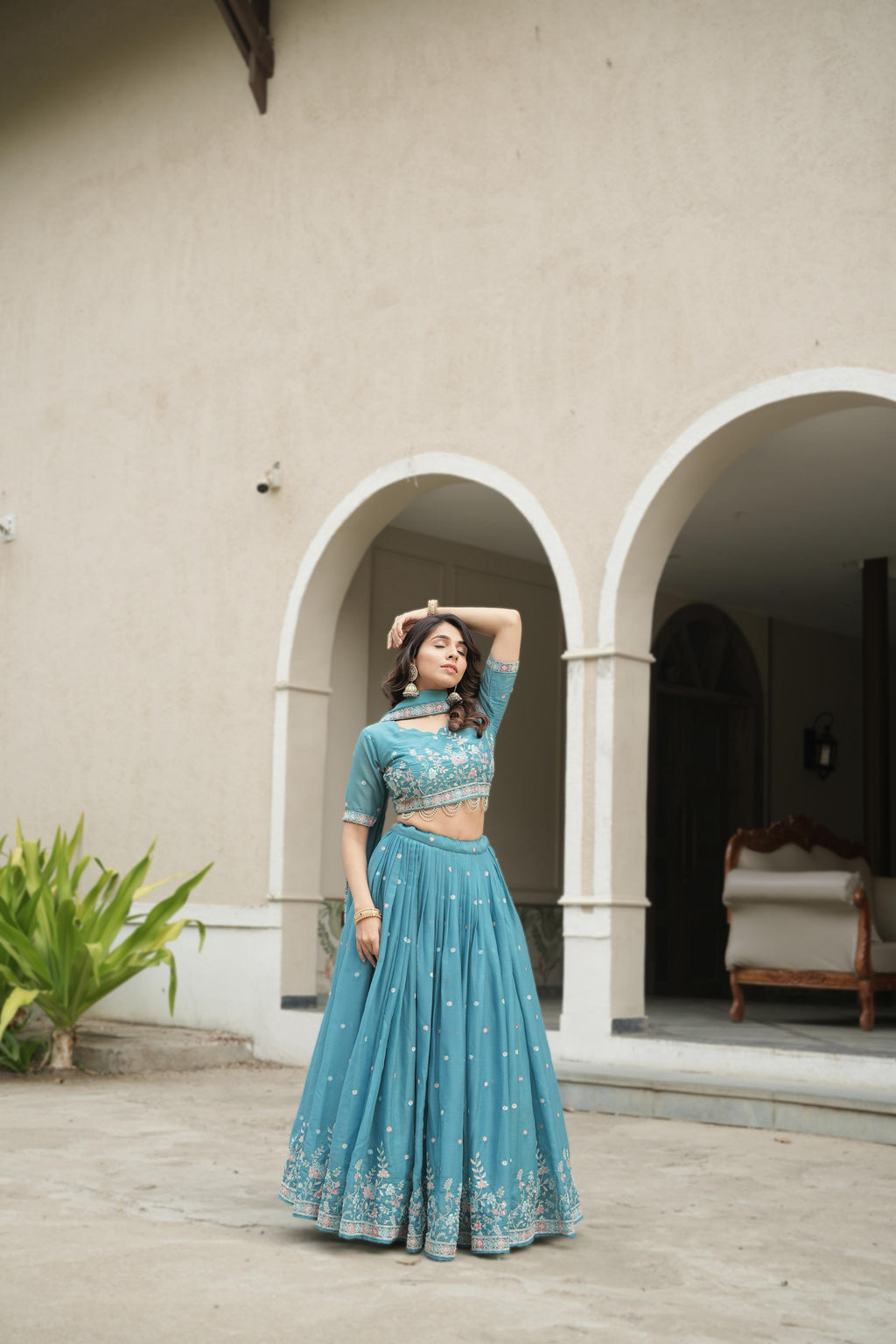 Sky Pearl Embriodery Lehenga