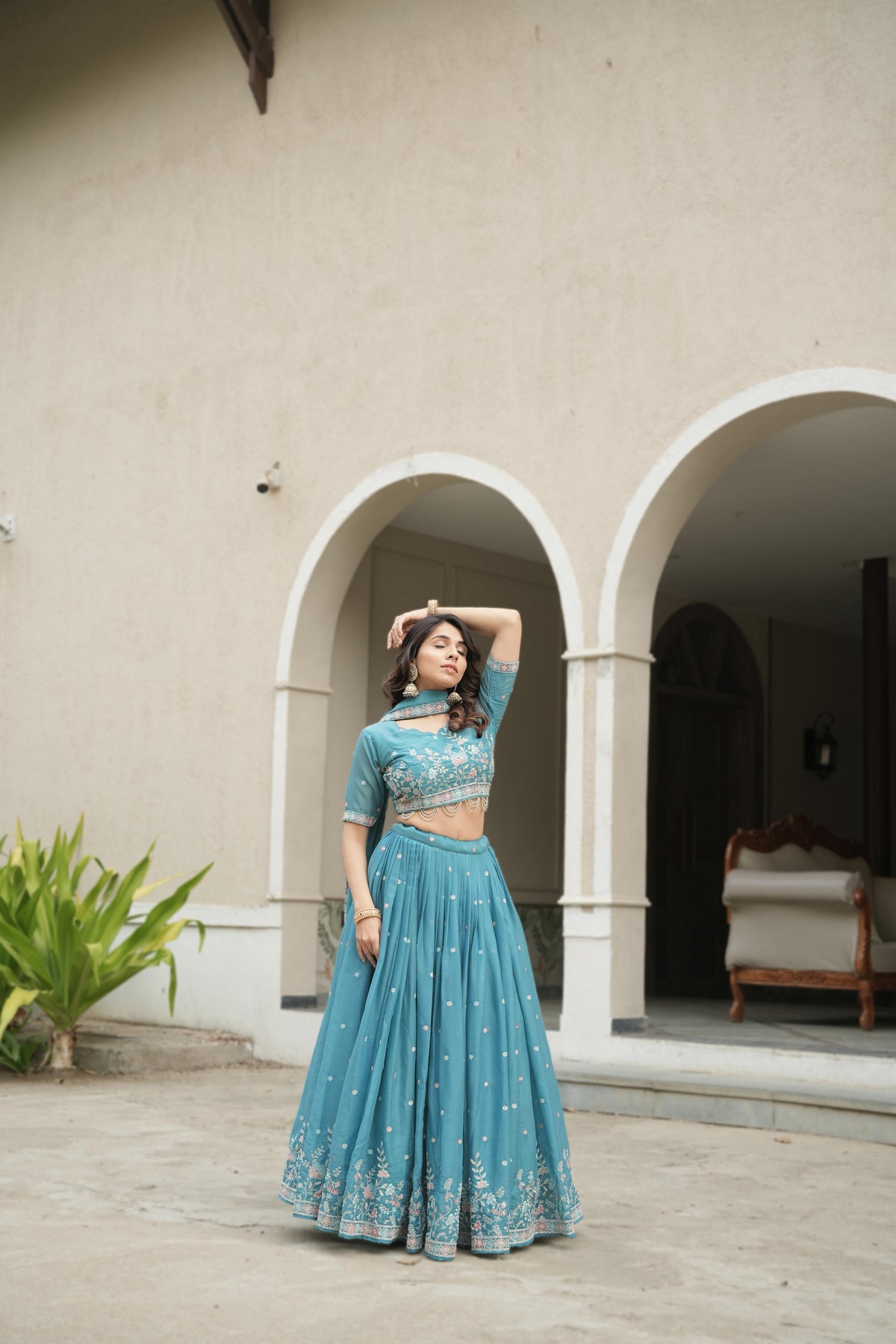Sky Pearl Embriodery Lehenga