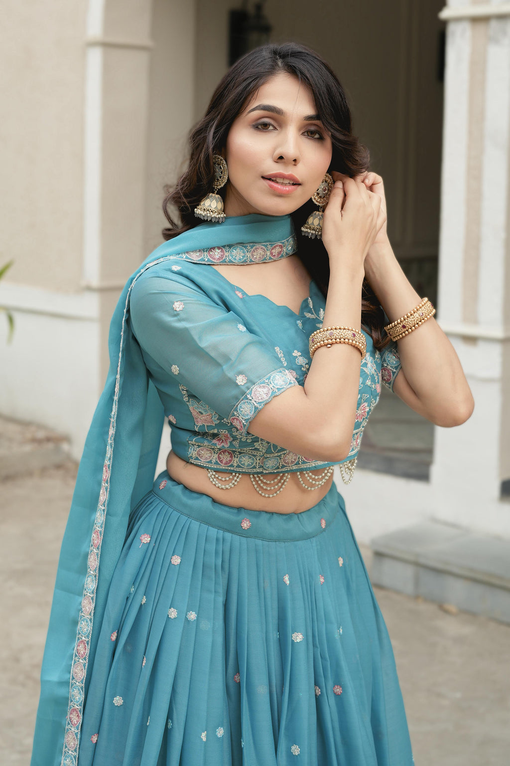 Sky Pearl Embriodery Lehenga