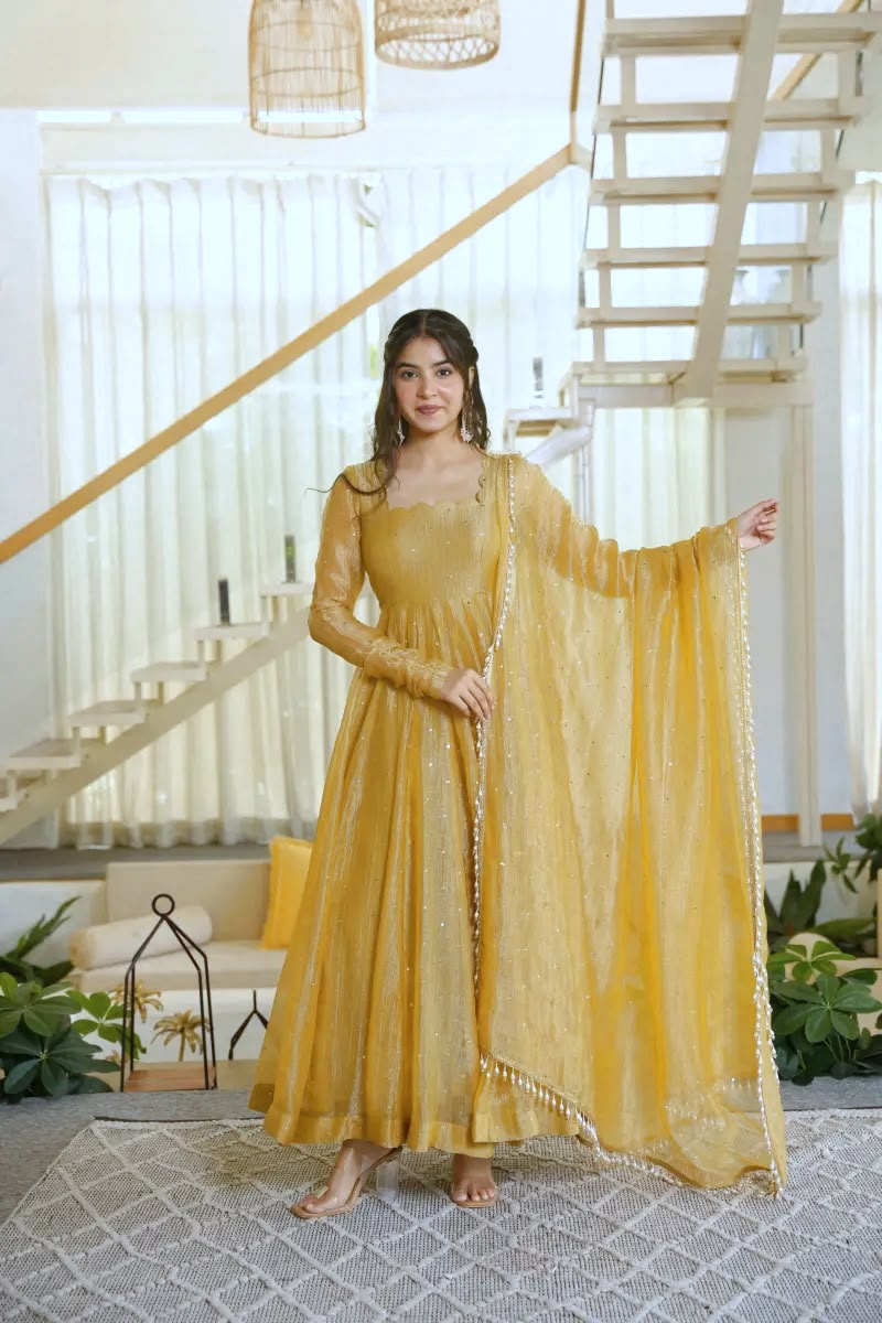 Foil Work Gown with Pant Set