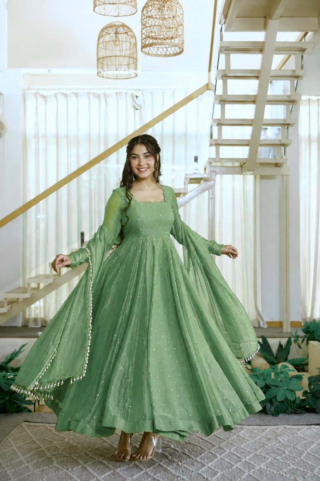 Foil Work Gown with Pant Set