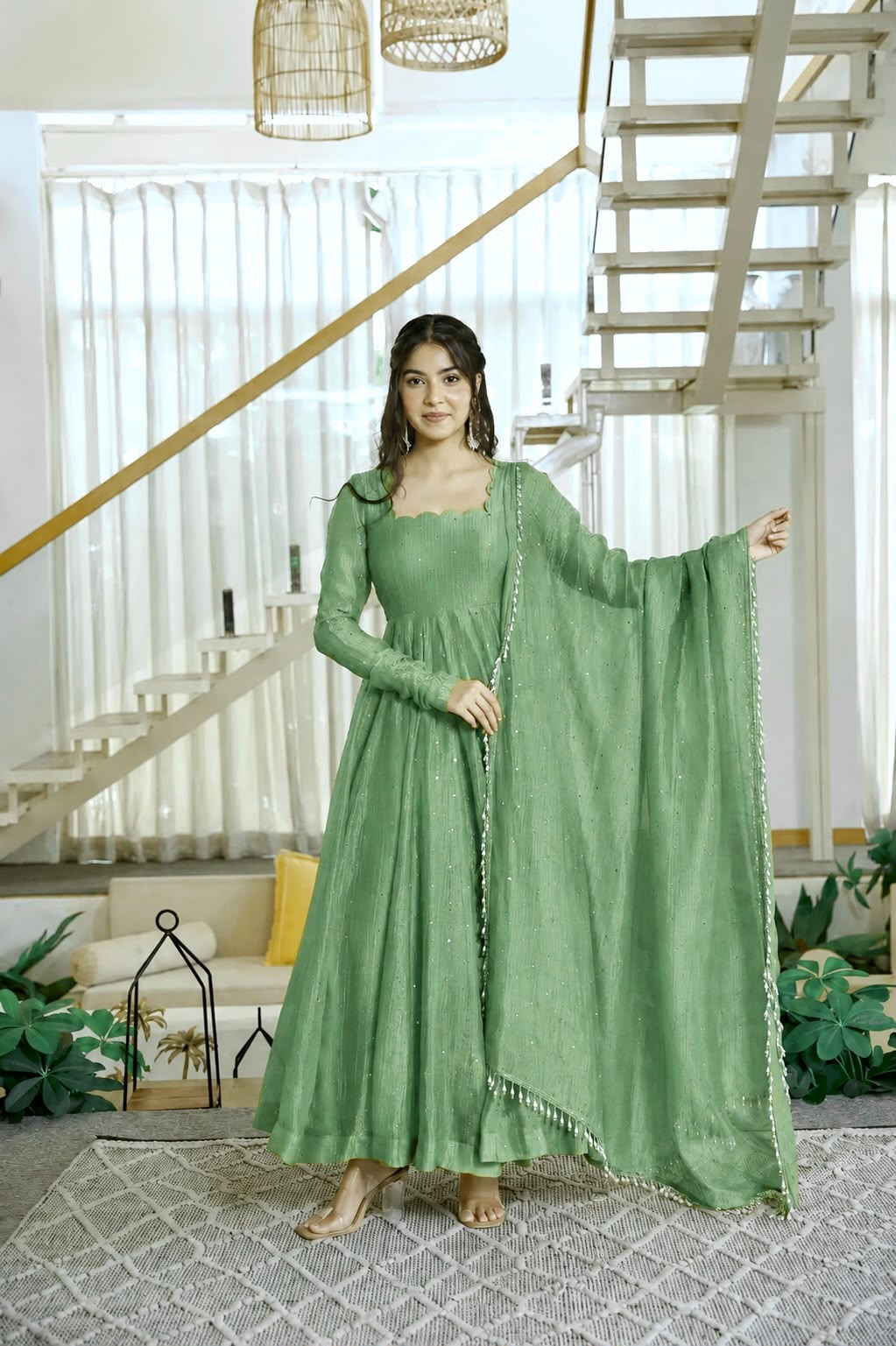Foil Work Gown with Pant Set