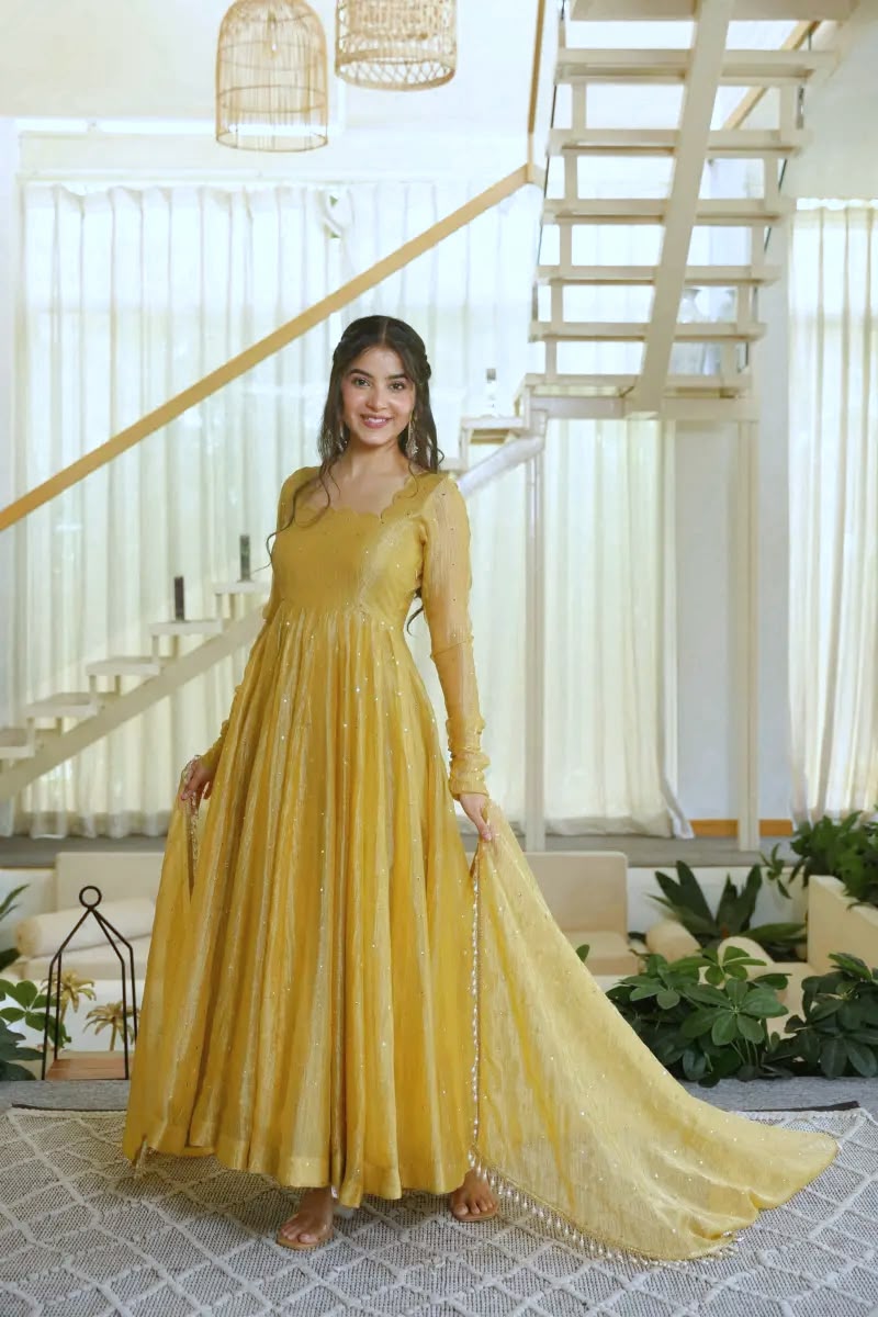 Foil Work Gown with Pant Set