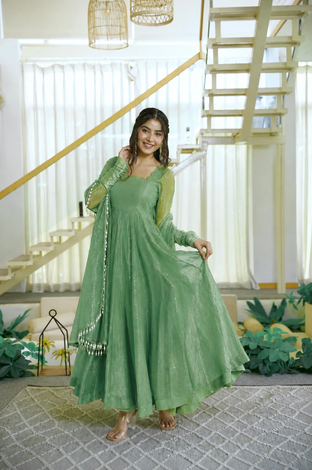 Foil Work Gown with Pant Set