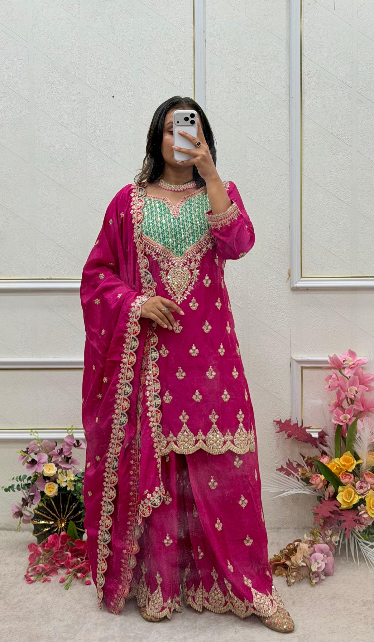 Designer Chinon Silk Sharara Suit