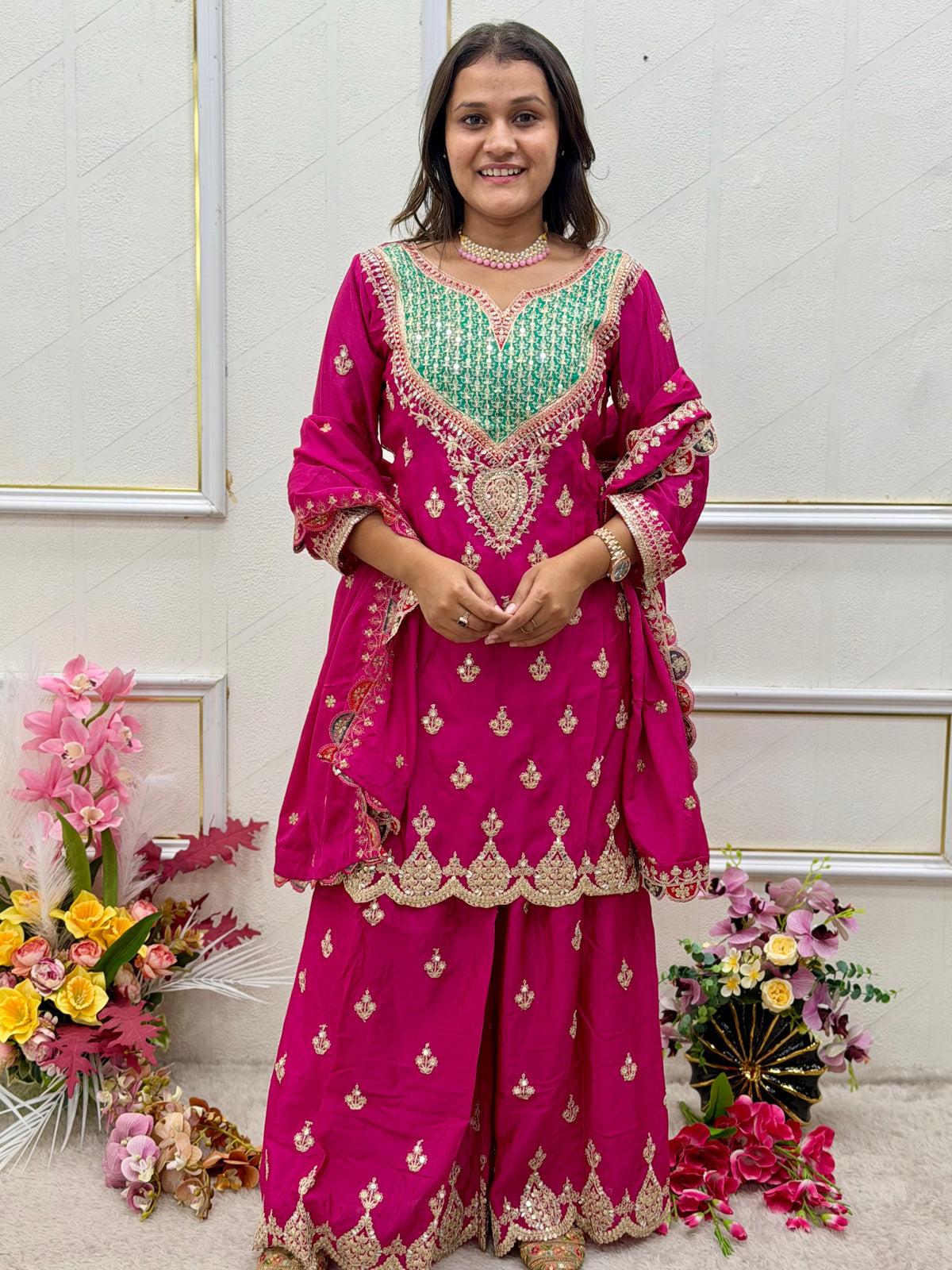 Designer Chinon Silk Sharara Suit