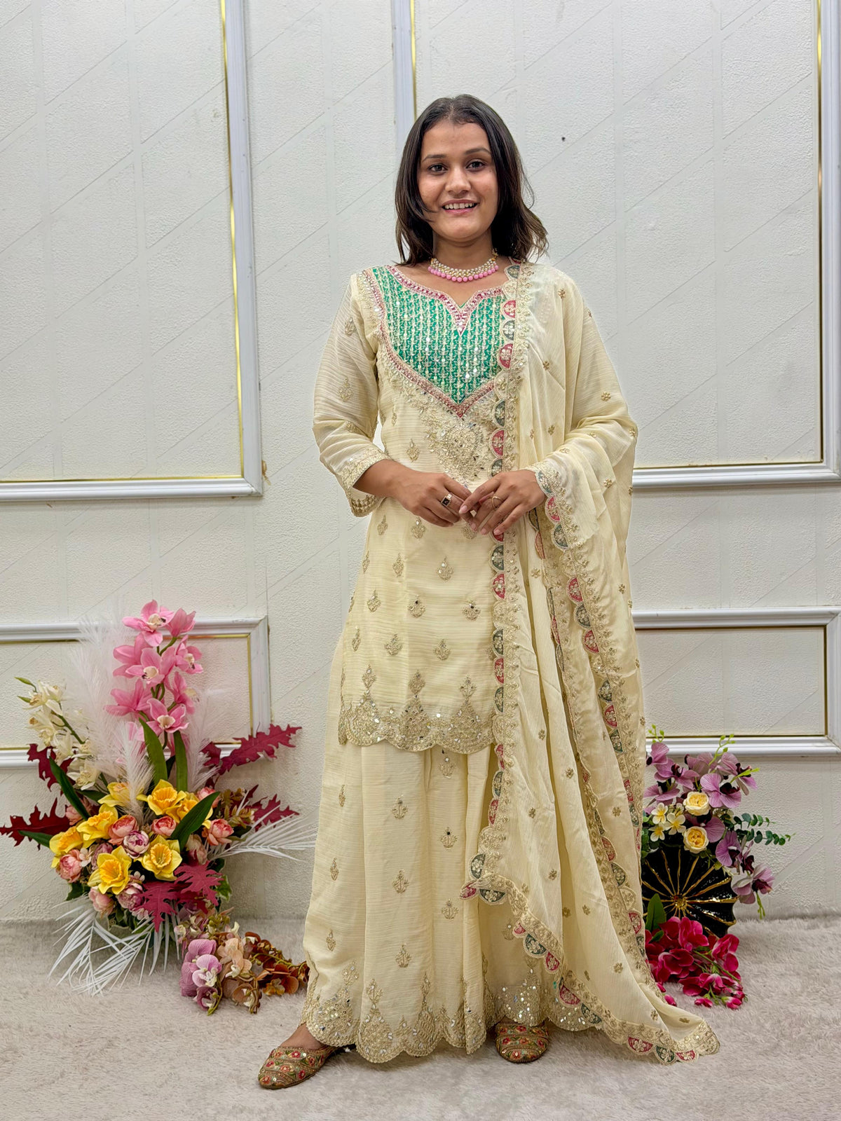 Designer Chinon Silk Sharara Suit
