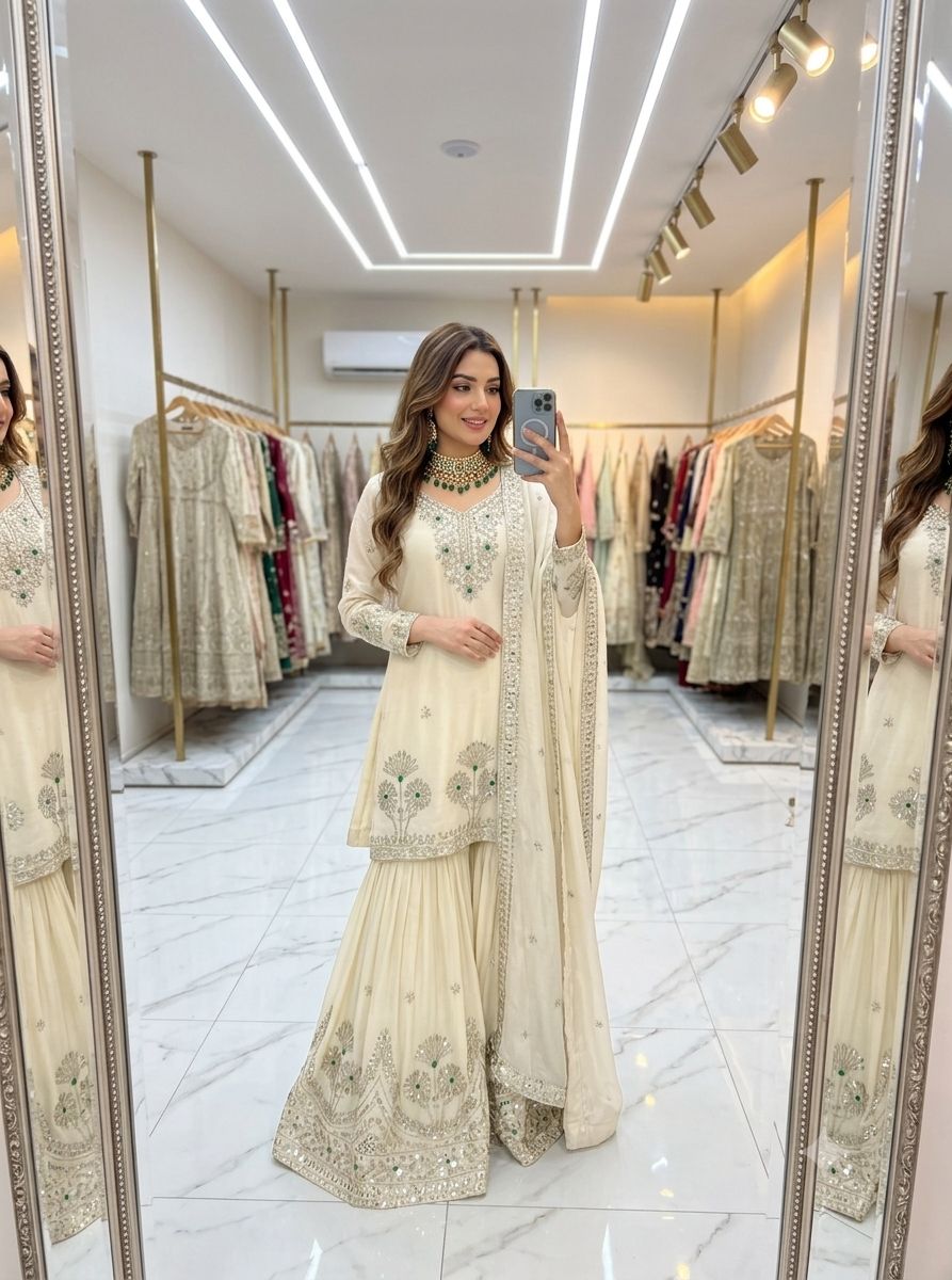 Satin Silk Embroidered Sharara Set
