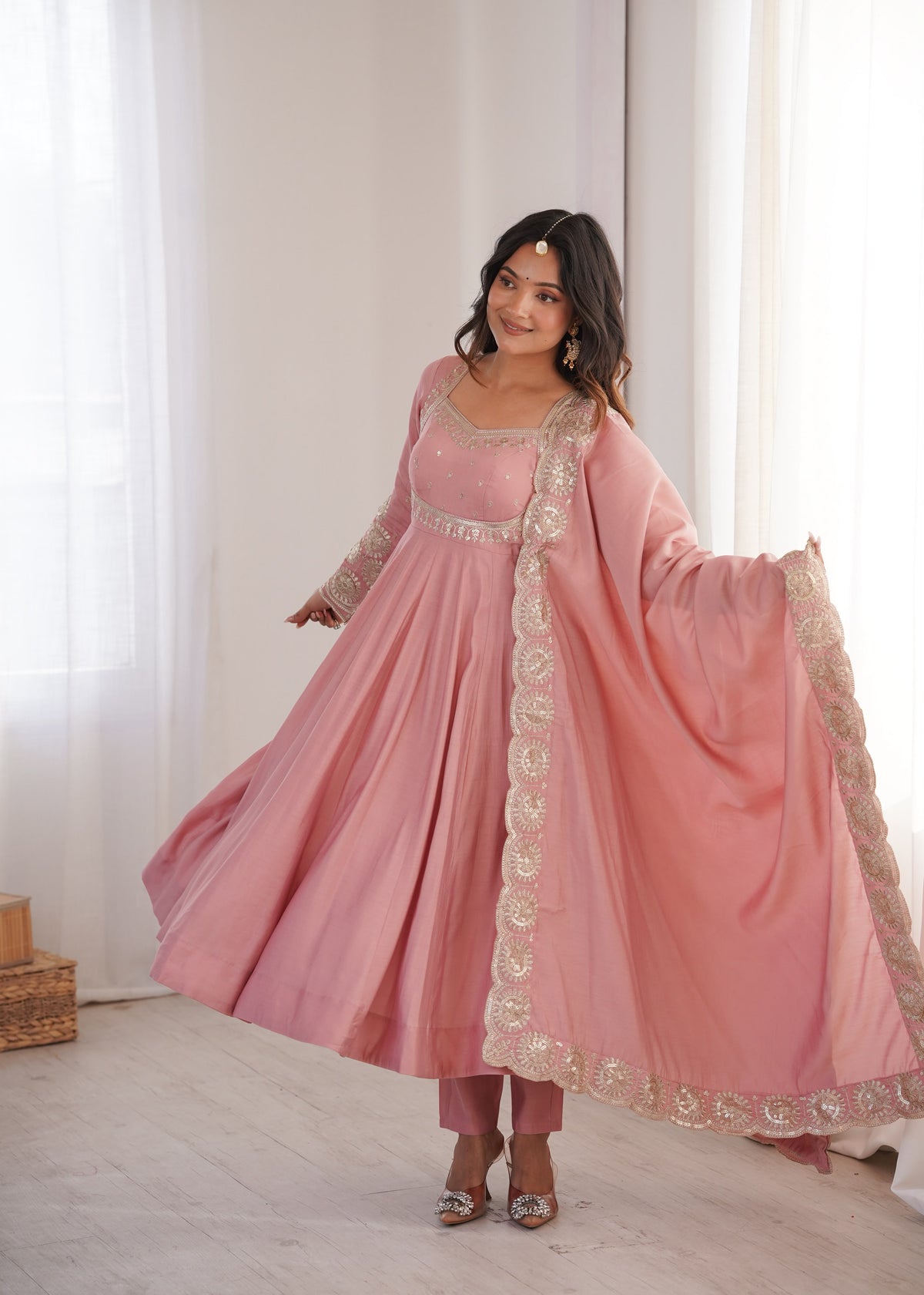 Elegant Roman Silk Anarkali Set