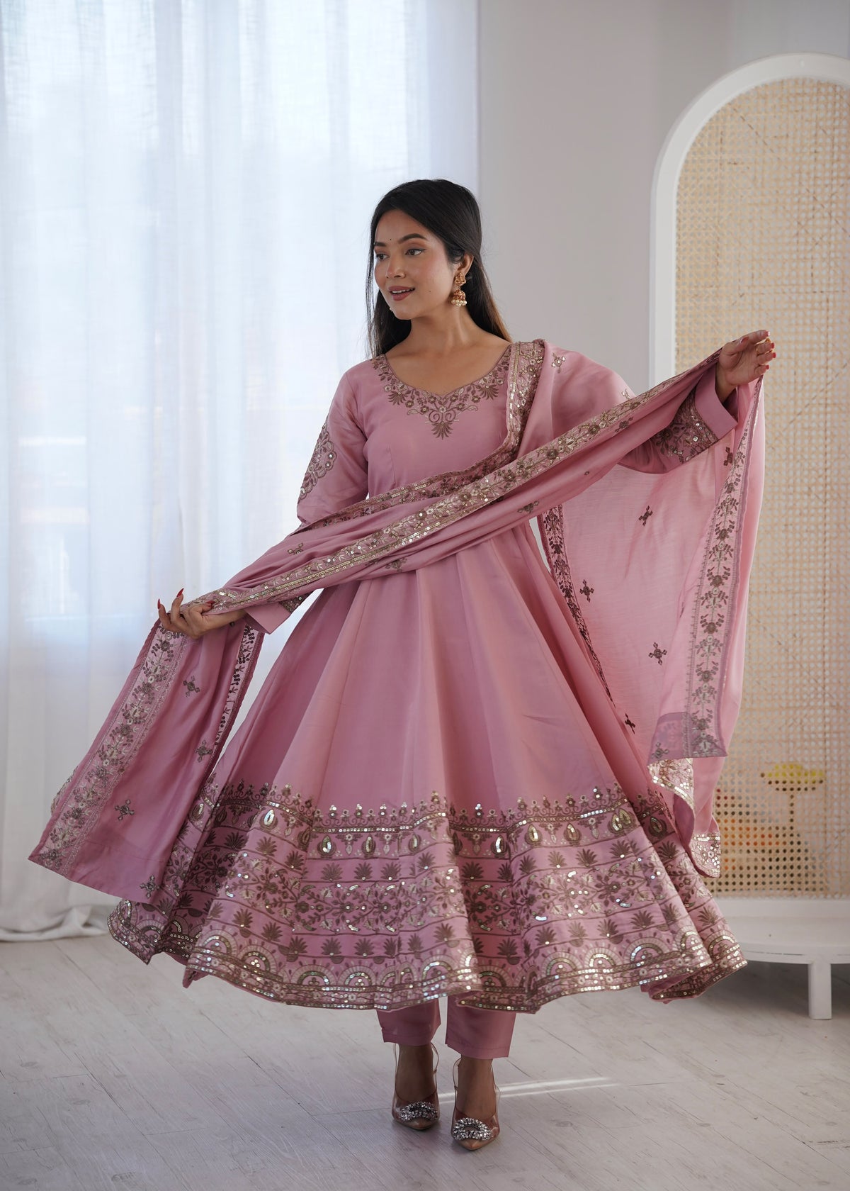 Elegant Roman Silk Anarkali Set