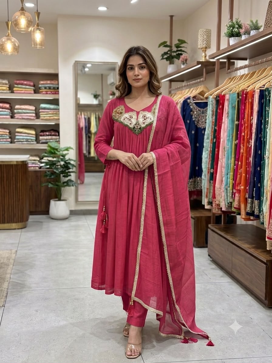 Mul Chanderi Handwork Gown Set