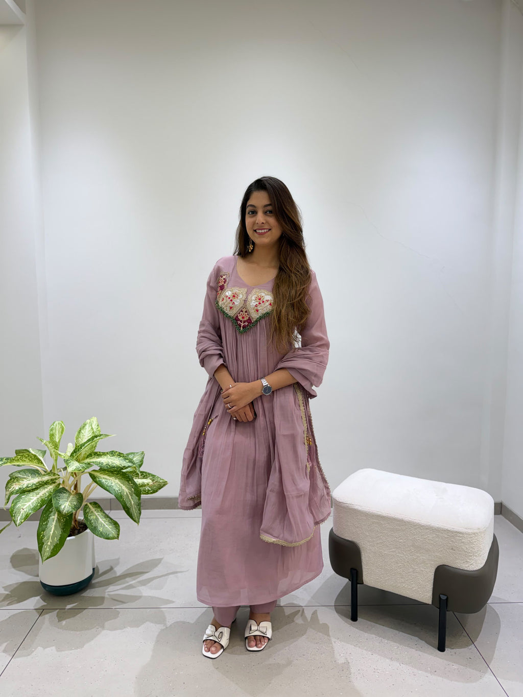 Mul Chanderi Handwork Gown Set