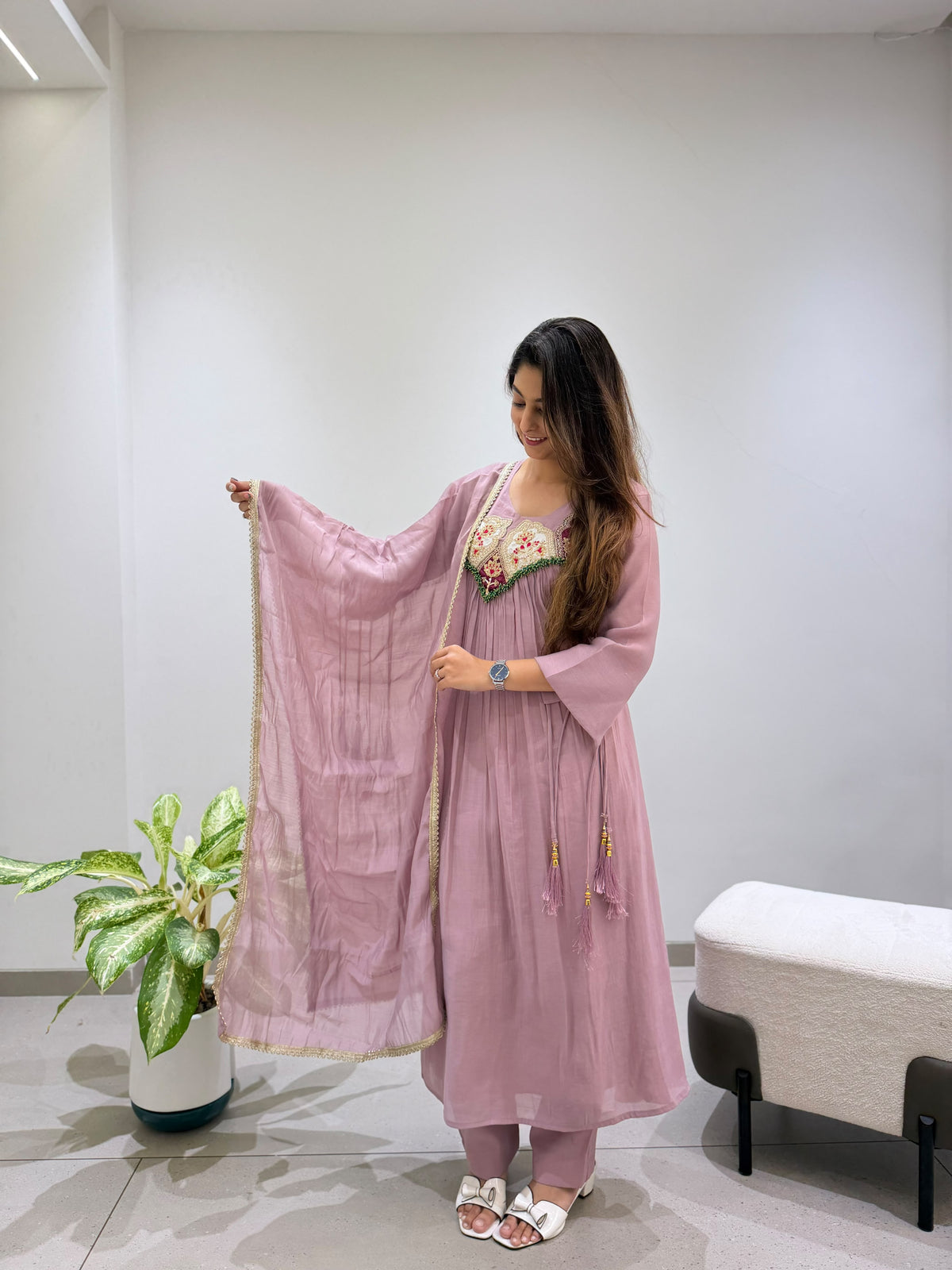 Mul Chanderi Handwork Gown Set