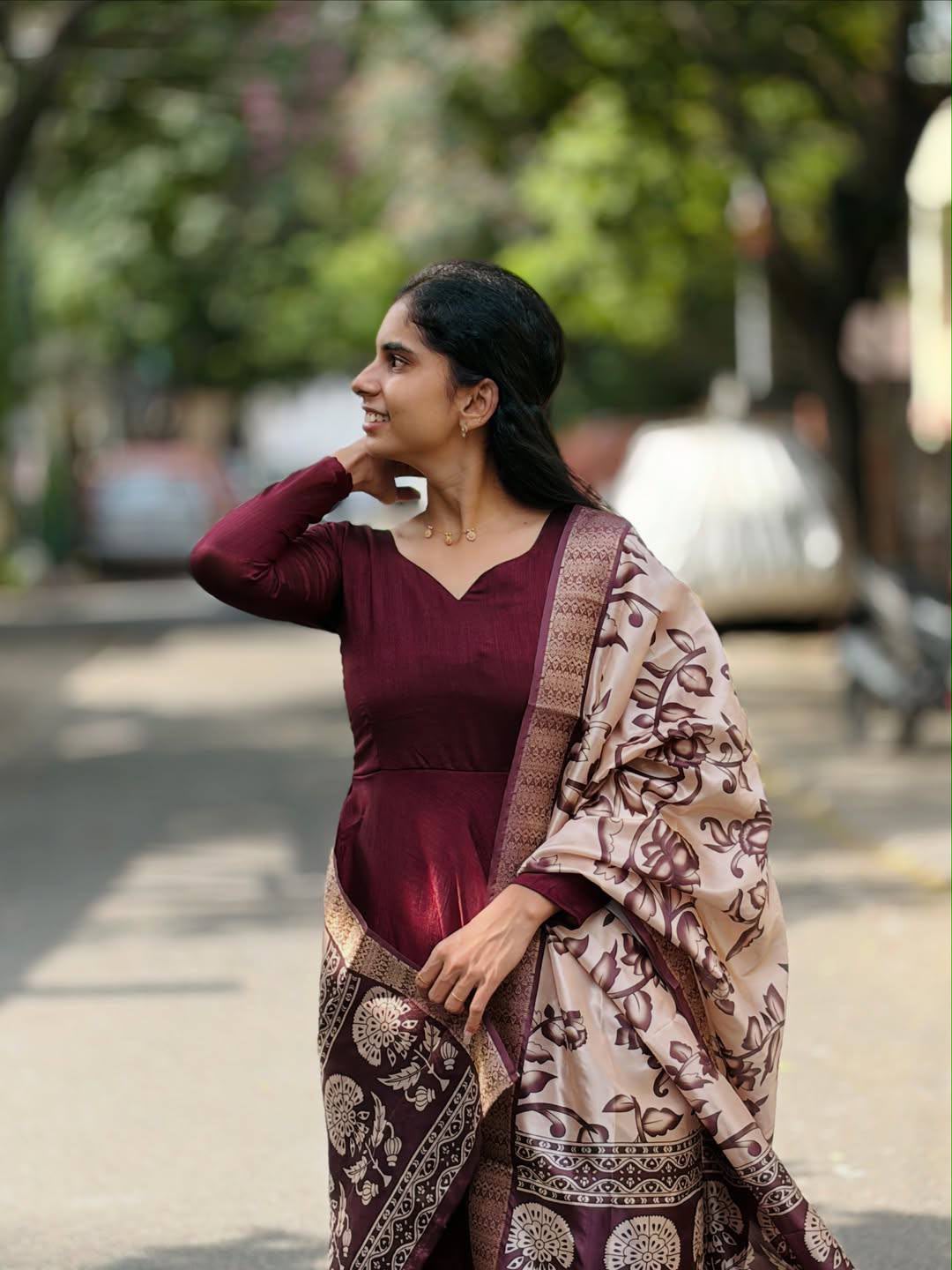 Elegant Anarkali with Kalamkari Dupatta