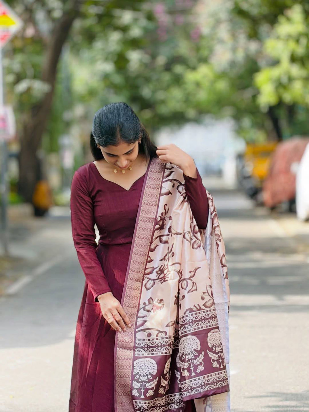 Elegant Anarkali with Kalamkari Dupatta