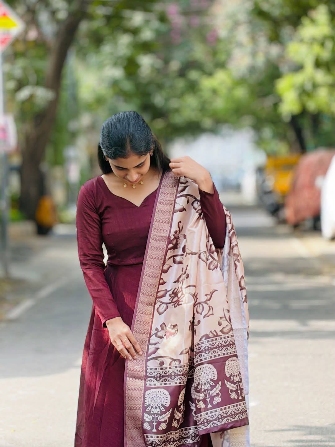 Elegant Anarkali with Kalamkari Dupatta