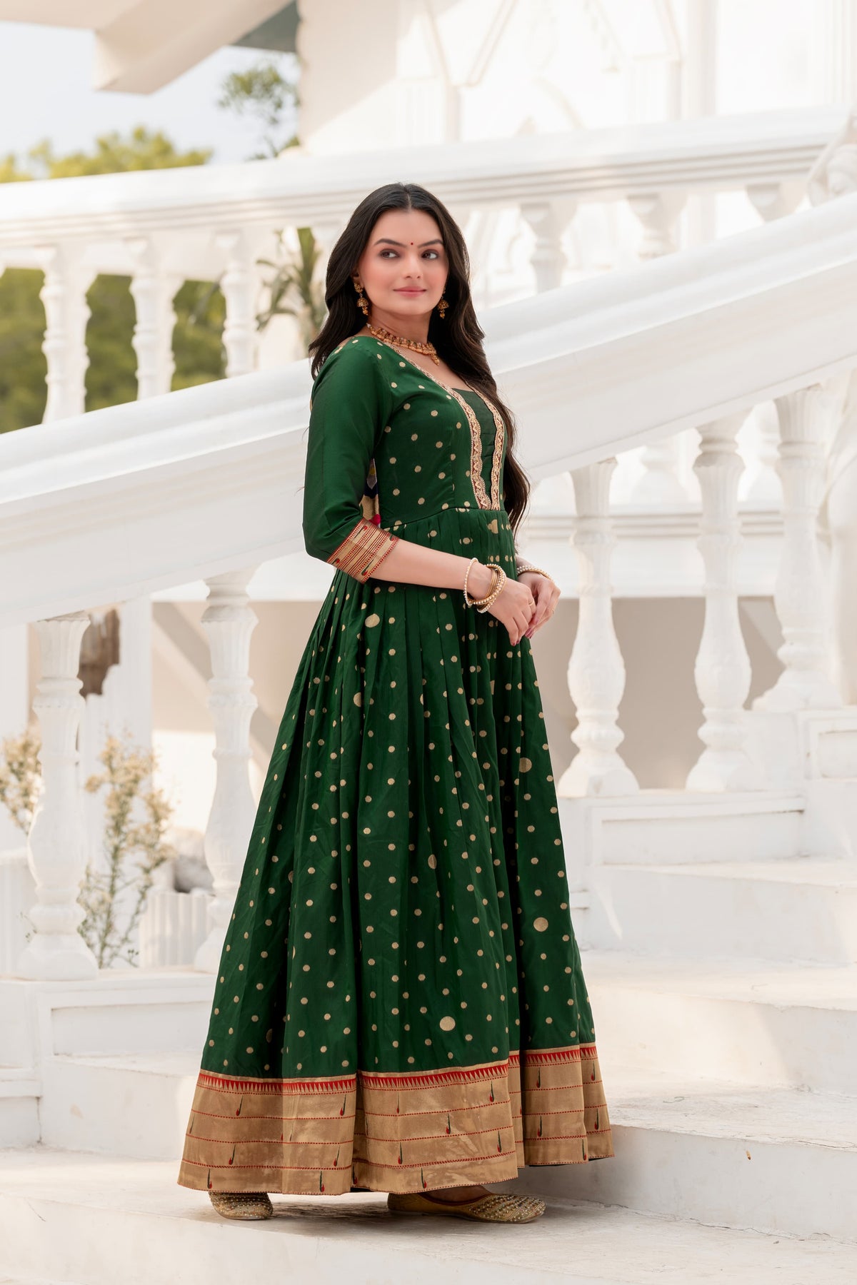 Bottle Green Polka Paithani Gown